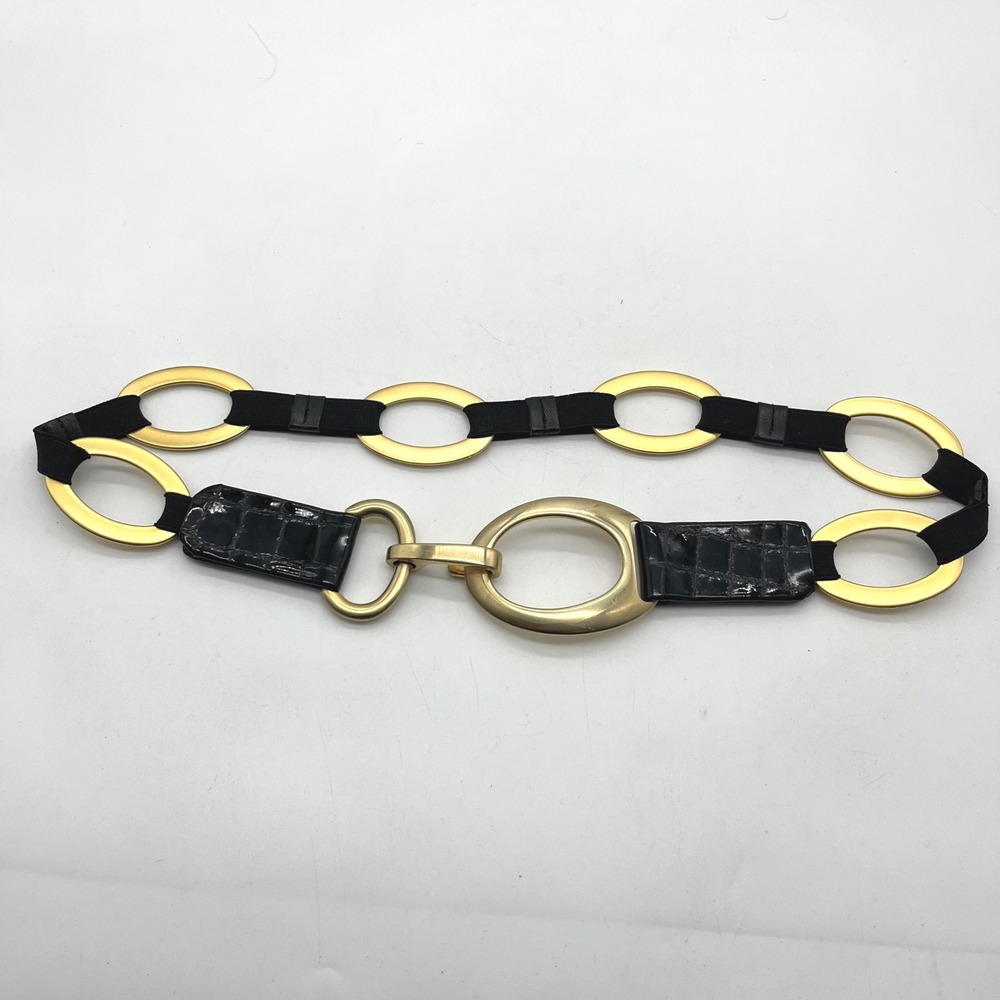 Suzi Roher Gold Oval Chain Link Elastic Belt Black Croc Leather Trim Small